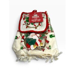 NEW Holiday Time Franco Kitchen Set 4pc White Red Seasons Greetings Santa